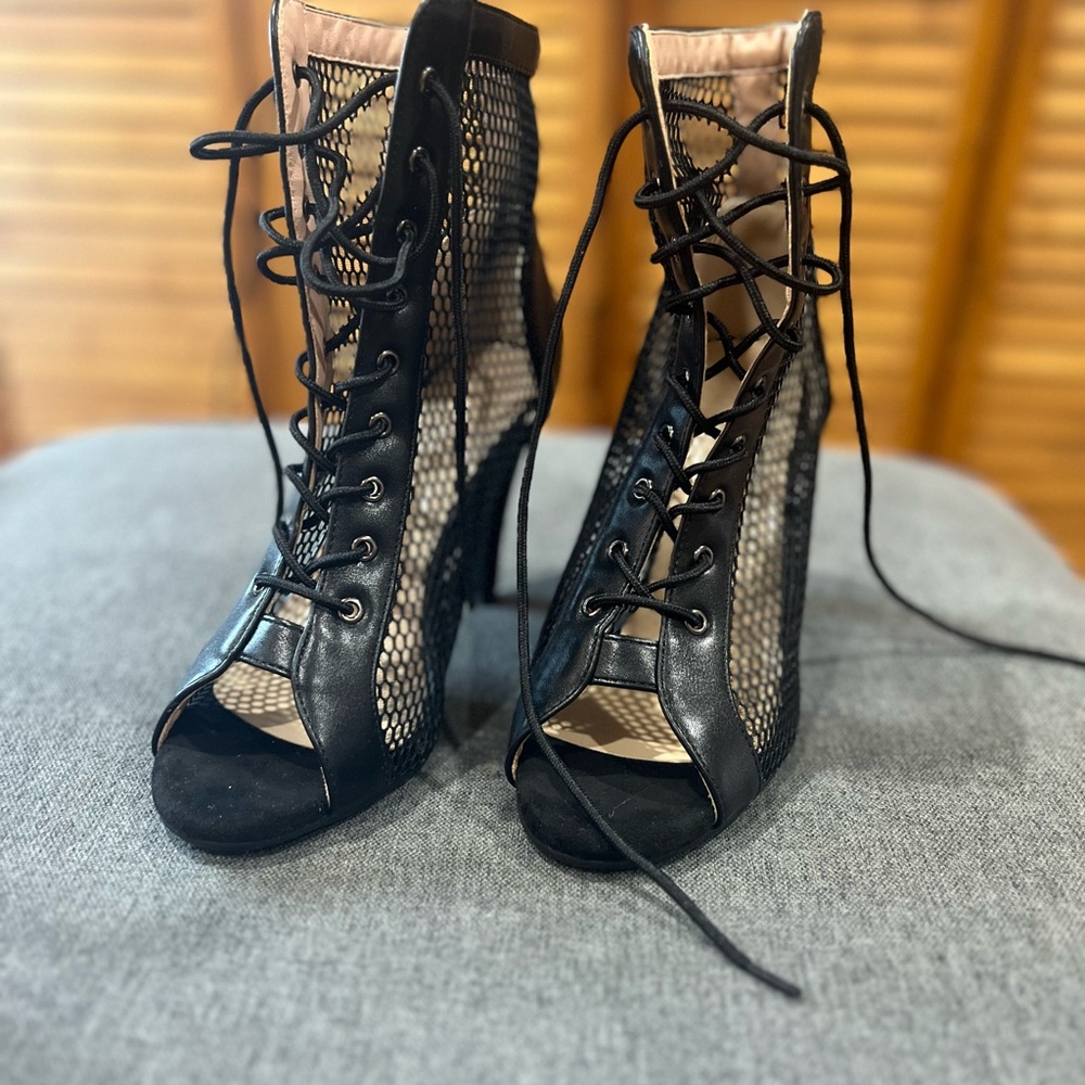 Black Lace-Up Dance Boots with Mesh Design